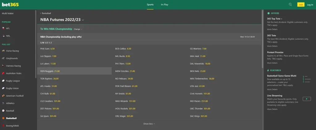bet365 NBA betting